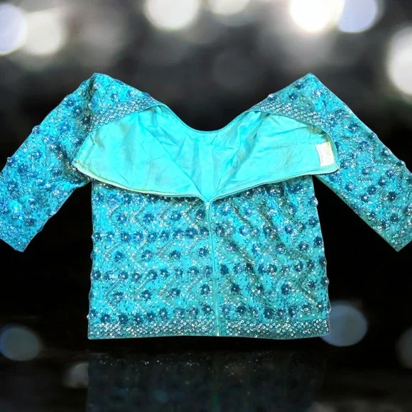 Vintage 60s Wool Beaded Sequin Sweater Back Zip Turquoise Silk-lined By Cavanagh